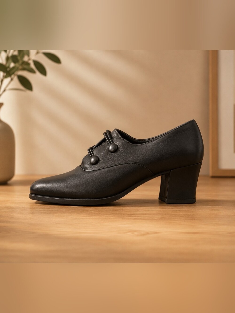 AEROSOLES Black Button-Trim Block Heel Oxfords